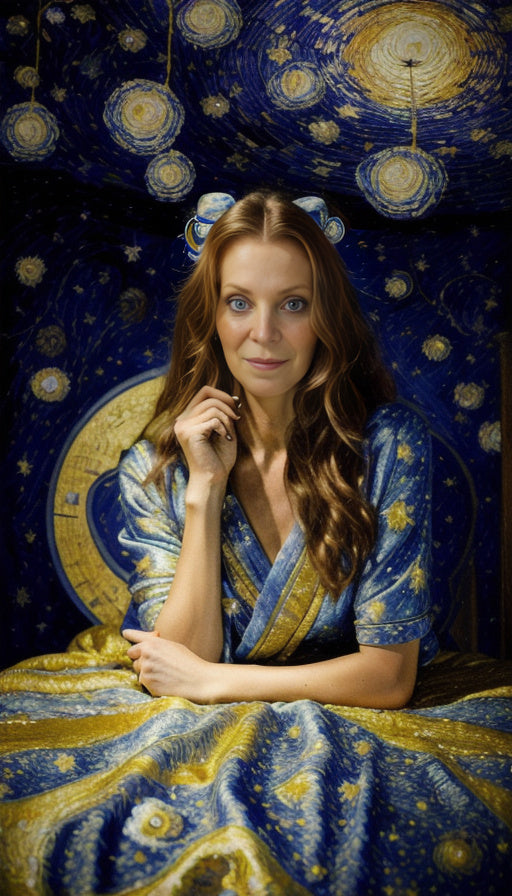 Woman sitting in front of a decorative wall with celestial design