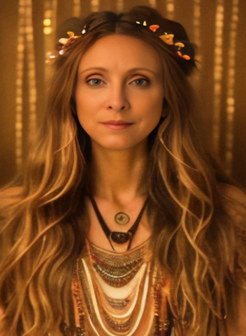 Woman with long blonde hair wearing a decorative headband and layered necklaces against a warm-toned curtain.