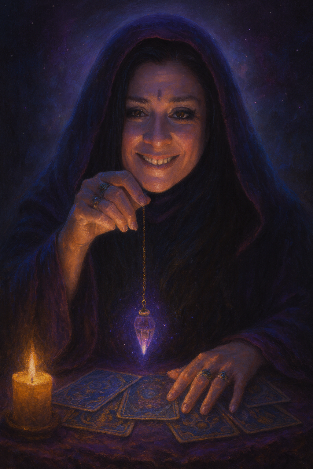 Woman in a dark robe with a candle and tarot cards, surrounded by mystical energy.