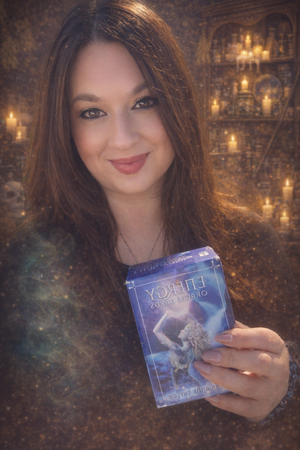 Woman holding a trading card game pack with a mystical background